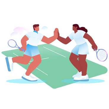 Two tennis players in matching outfits are high-fiving each other on the court after winning a point. One player is wearing a white shirt and shorts with colorful accents, while the other player is dressed in a similar style. They are both holding tennis rackets, and the court has a net in the background. Bright sunlight casts clear shadows on the green surface of the court, enhancing the scene of celebration and teamwork.