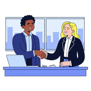 Two business partners of different ethnicities are standing in an office setting, engaged in a handshake. The first partner is a male with dark skin and short curly hair, wearing a navy blue suit and a light blue dress shirt. The second partner is a female with light skin and long straight hair, dressed in a black blazer and white blouse. They are both smiling, conveying a sense of accomplishment. The background features a modern office desk with a laptop and some documents visible. A large window shows a city skyline in the distance.