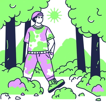 A person is standing in a thick forest, wearing a camouflage outfit that helps them blend into the surroundings. The outfit features a mix of patterns and textures that mimic the foliage and trees around them. Tall trees with dense green leaves and thick trunks surround them, while patches of underbrush and scattered branches are visible on the forest floor. Sunlight filters through the tree canopy, casting soft shadows on the ground. The person stands still, with their body partially turned, as they observe the environment, creating a sense of harmony with nature.