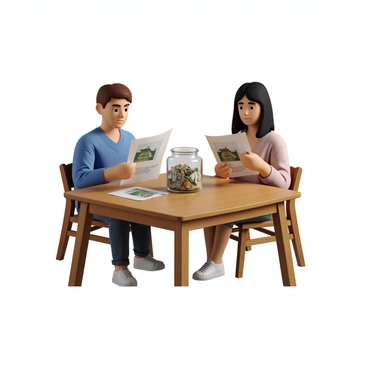 A young couple is sitting at a wooden dining table, both intently looking at house listings spread out before them. The man has short brown hair and is wearing a blue shirt. The woman has long black hair and is dressed in a light pink blouse. In the center of the table, there is a clear glass jar filled with coins and bills, prominently labeled "Home Fund" in bold letters. The ambiance of the scene suggests a cozy, hopeful atmosphere as they discuss their future home.