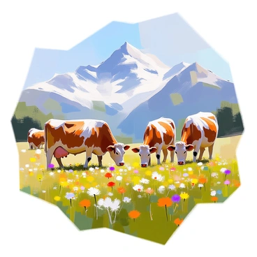A lush alpine meadow filled with vibrant wildflowers in various colors, including yellows, purples, and reds. The wildflowers are scattered across the green grass, creating a lively tapestry of nature. In the foreground, several brown and white cows are calmly grazing, their heads down as they enjoy the fresh pasture. The cows are positioned at different points in the meadow, adding depth to the scene. In the background, majestic snow-capped mountains rise against a clear blue sky, completing the picturesque alpine landscape.