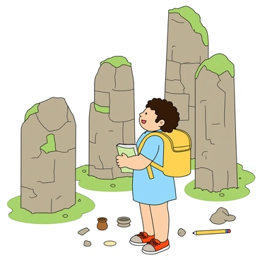 A young girl with curly hair, wearing a bright yellow backpack and a light blue dress, is standing in front of towering ancient stone ruins. The girl has a look of curiosity on her face as she gazes up at the weathered stones, which are covered in patches of green moss. She is holding a small notebook and a pencil in her hands, ready to take notes about her exploration. Around her, there are scattered artifacts like broken pottery and pieces of stone, hinting at the historical significance of the site. The sun is shining brightly, casting playful shadows on the ground.