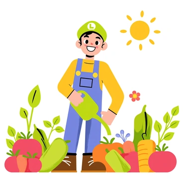 A cartoon-style illustration of "Luigi" in a vibrant vegetable garden. He has a joyful expression, with a smile on his face as he waters the plants using a green watering can. The garden is filled with various colorful vegetables, including red tomatoes, orange carrots, and green peppers. There are leafy green plants and blooming flowers scattered throughout the garden, creating a lively atmosphere. The sun shines brightly overhead, enhancing the cheerful scene.
