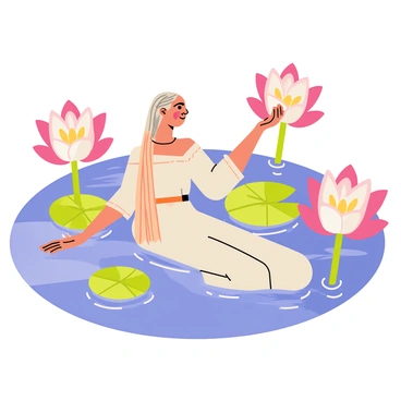 A naiade surrounded by blooming lotus flowers in a serene pond at dawn
