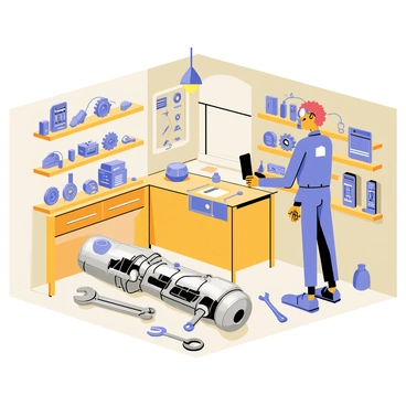 A small repair shop with wooden shelves filled with various robot parts, including gears, wires, and circuit boards. The mechanic, a young person wearing a blue jumpsuit and goggles, is focused on working on a disassembled android lying on a workbench. The android has a metallic body with exposed wiring, and tools such as wrenches and screwdrivers are scattered around the workspace. The shop is illuminated by a bright overhead light, casting sharp shadows on the floor.