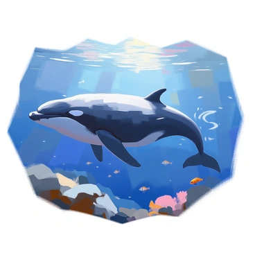A majestic whale gliding gracefully through the deep blue ocean waters. Its large body is a blend of dark blue and gray hues, reflecting the sunlight filtering down from above. The whale's dorsal fin is prominent as it swims, creating gentle ripples around it. Sound waves are illustrated as soft, curving lines radiating outward from its mouth, symbolizing its melodic song. The ocean floor is faintly visible below, adorned with soft corals and sand, while small fish swim nearby, captivated by the massive creature.