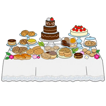 A lavish dessert table with an array of cakes, pastries, and cookies