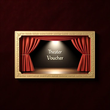An elegant theater voucher displayed on a textured, dark velvet background. The voucher features a classic theater stage with rich red curtains draped to the sides. A bright spotlight shines down from above the stage, illuminating the center area, where a subtle wooden floor is visible. The edges of the voucher are embellished with delicate gold filigree patterns, enhancing its luxurious appearance. In the center of the voucher, the text "Theater Voucher" is prominently displayed in an ornate font.