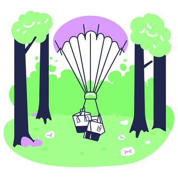 A parachute dropping supplies into a remote forest clearing