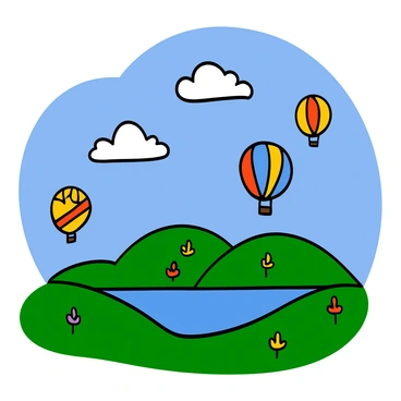 A sky filled with vibrant hot air balloons of various colors and patterns, drifting gently above a serene landscape. Below, there are rolling green hills dotted with wildflowers in yellow and purple. In the distance, a calm blue lake reflects the bright sunlight. A few fluffy white clouds can be seen in the blue sky, enhancing the cheerful atmosphere of the scene.