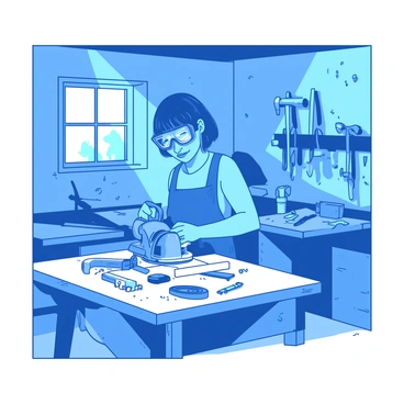 A blue person with short hair is standing in a well-lit garage, focused on a DIY woodworking project. The person is wearing safety goggles and a gray apron, holding a circular saw above a wooden workbench. On the workbench, there are various woodworking tools including a hammer, a measuring tape, and several pieces of cut wood. Behind the person, there is a wall covered with neatly organized tools hanging on pegboards. Sunlight is streaming through a small window, illuminating the dust particles in the air.