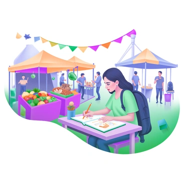 A traveler sitting at a small wooden table, sketching scenes and writing notes in their journal. The traveler has a focused expression, with a pencil in hand and an open notebook filled with sketches. Surrounding them is a bustling international market scene, featuring colorful tents and stalls overflowing with vibrant fruits, vegetables, spices, and handmade crafts. People of various backgrounds are moving through the market, some interacting with vendors, while others are examining the goods. Brightly colored banners and decorations hang overhead, adding to the lively atmosphere. In the background, a few street performers can be seen entertaining a small crowd.