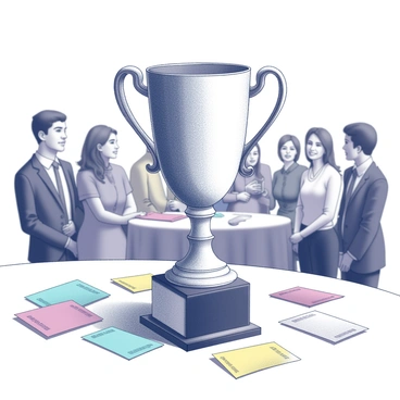 A shiny trophy stands prominently on a table at a raffle event. The trophy features a tall, gleaming figure that reflects light, with a large cup at the top supported by a decorative base. Surrounding the trophy are colorful raffle tickets scattered across the table. In the background, a crowd of attendees can be seen, engaging in conversation and eagerly waiting for the prize announcement. The atmosphere conveys excitement and anticipation for the grand prize winner.