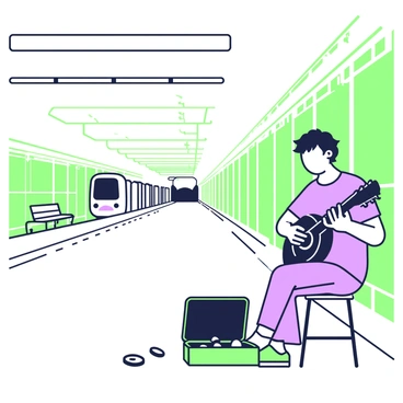 A street musician is performing in a nearly deserted subway station. He is playing a guitar, sitting on a small stool. His hair is tousled, and he wears a simple t-shirt and jeans. In front of him, there is an open guitar case, where a few coins are scattered. The subway station has long, tiled walls, and the fluorescent lights create a subtle glow overhead. A couple of benches line the platform, and a single train can be seen in the distance, approaching the station.