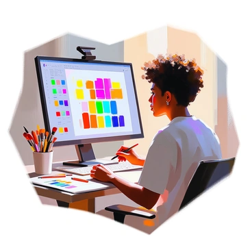An artist with medium skin and curly hair is focused intently on a computer screen displaying Adobe Illustrator. The artist is seated at a workspace filled with a variety of colorful swatches, showcasing a range of vibrant colors including bright reds, blues, greens, and yellows. The artist is using a digital stylus to select colors from an array of options on the screen. The surrounding area includes organized art supplies, brushes, and a sketchbook, all contributing to the creative environment. The lighting highlights the vivid colors of the swatches and the concentrated expression on the artist's face.