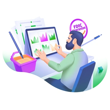 A modern pastel illustration depicting an investor seated at a sleek desk, intently examining multiple financial charts displayed on a tablet. The charts feature various trends in vibrant colors, showcasing upward and downward movements. To the side, there is a large stamp with the words "FDIC Guarantee" prominently displayed in bold letters, surrounded by a circular design. The background includes financial documents and a stylish pen. The investor has a focused expression, highlighting their dedication to understanding the market.