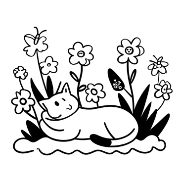 A cat with fluffy fur lying on a patch of grass, surrounded by various flowers with intricate petal shapes. The flowers have different sizes and patterns, creating a detailed garden scene. Several butterflies with distinct wing shapes are fluttering around the flowers, adding dynamic movement to the composition. The cat appears relaxed, its body stretched out, enjoying the tranquil atmosphere of the garden.