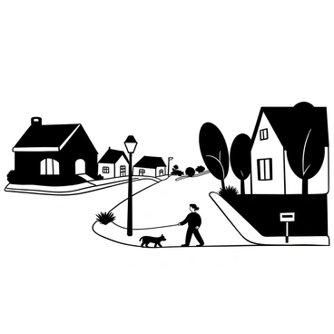 A quiet suburban street with neatly lined houses featuring well-maintained lawns and flower bushes. A lamp post stands at the corner of the street casting a soft light. In the foreground, a lone person walking a dog on a leash, with the dog attentively beside them. There are trees on either side of the street, silhouetted against the sky. A mailbox can be seen at the edge of one of the lawns, adding to the peaceful neighborhood scene.