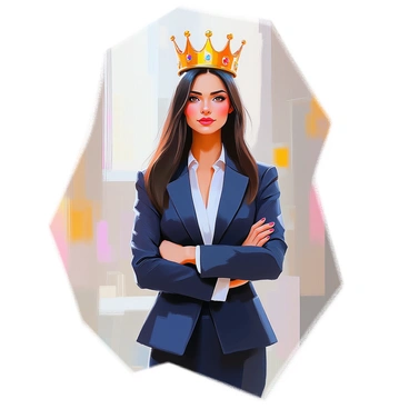 A contemporary woman with medium skin tone is standing confidently while wearing a tailored navy blue business suit. She has long, straight black hair cascading down her shoulders. On her head, she is adorned with a stylish golden crown that signifies her leadership. The crown features intricate designs with small gemstones that catch the light. She is looking forward with an expression of determination, her arms crossed in front of her. The background is softly blurred, emphasizing her presence as a powerful figure in a professional setting.