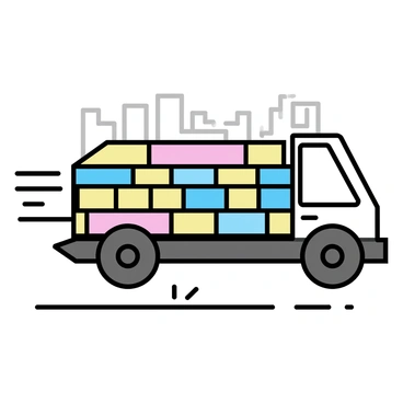 A futuristic truck, floating above the ground, constructed from glowing bricks that emit a soft light. The truck has a sleek, angular design with a streamlined shape. The glowing bricks vary in color, creating an iridescent effect across the surface. Below the truck, there are subtle thrusters visible, indicating its levitation. The background features a city skyline with minimalistic buildings, enhancing the futuristic ambiance.