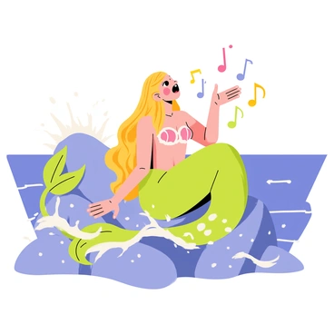 A siren with flowing long hair, adorned with seashells, is perched on a rocky shore. She has a shimmering green tail that reflects the sunlight. The waves crash dramatically against the rocks, creating splashes of white foam around her. Her mouth is open as she sings, and musical notes in soft colors drift through the air, surrounding her with a haunting melody. In the background, the ocean stretches to the horizon under a clear blue sky.