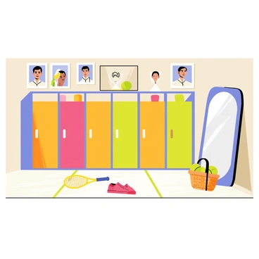 A player's changing room featuring a row of lockers painted in bright colors. The floor is covered with a white and green striped carpet, and tennis gear is scattered throughout, including a pair of red tennis shoes, a yellow tennis racket with a blue grip, and several tennis balls in a basket. Posters of famous tennis players hang on the walls, showcasing their achievements. A framed trophy is displayed on a shelf alongside a signed tennis ball. A large mirror reflects the scene, adding depth to the room.