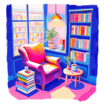 A cozy corner of a bookshop features a large, plush armchair upholstered in deep burgundy fabric. Next to the chair, there are several stacks of books arranged in an inviting manner, with titles in various colors and sizes. A small wooden side table holds a steaming mug placed beside a small potted plant. Above, a warm light fixture emits a soft glow, illuminating the space and casting gentle shadows. The walls are lined with bookshelves filled with books, adding to the inviting atmosphere.