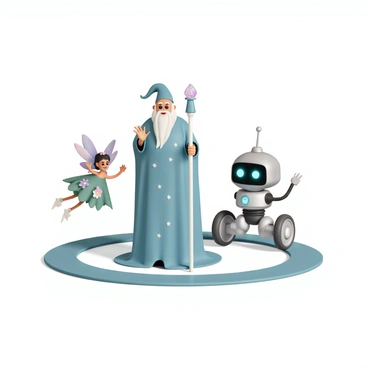 A wizard, wearing a long, flowing blue robe adorned with silver stars, stands tall in the circle. His long white beard flows down to his chest, and he holds a majestic staff topped with a glowing crystal. Beside him is a fairy, with delicate, translucent wings that shimmer in shades of pink and purple. She wears a vibrant green dress made of leaves and flowers, her hair adorned with small blossoms. Completing the circle is a robot, with a shiny metallic body and colorful LED lights. Its eyes are glowing softly, and it has mechanical arms in a welcoming gesture. The three characters are interacting, with the wizard gesturing animatedly, the fairy floating slightly above the ground, and the robot standing confidently, creating an inviting atmosphere.