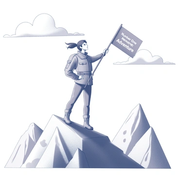 An explorer standing proudly at the summit of a mountain peak. The explorer is dressed in rugged outdoor gear, including a thick jacket and sturdy hiking boots. In one hand, the explorer is holding a flag that reads "Number One Adventure" prominently displayed. The wind is catching the flag, and the explorer's hair is blowing slightly as they gaze into the distance. The rocky terrain is visible beneath their feet, with steep cliffs dropping off on either side. The sky above is expansive, showcasing a few scattered clouds.