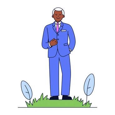 A towering statue of "Nelson Mandela" stands proudly. The statue is depicted in a detailed design, showcasing Mandela in a dignified pose with a slight smile. The surrounding area features simple grass and a few minimalist trees. Above the statue is a "clear blue sky" with no clouds, enhancing the emphasis on the monument.