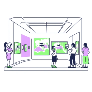 A spacious art gallery features large white walls adorned with a series of frames. Each frame contains a smaller, intricately detailed gallery scene within it. The main gallery floor is polished and well-lit, showcasing various framed artworks, some featuring landscapes while others depict abstract designs. In each smaller frame, there are miniature versions of the larger gallery, complete with tiny replicas of artwork displayed on diminutive walls. Visitors can be seen admiring these unique frames, their reflections visible in the glass. The atmosphere is bustling with a sense of exploration and creativity.