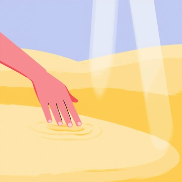 A hand reaching down to touch the surface of golden sand dunes. The sand is smooth and undulating, creating airy shapes under the bright sun. Rays of sunlight shine down, casting sharp shadows and illuminating the grains of sand. Ripples form in the sand where the hand makes contact, creating a small wave-like effect that spreads outward. The sky above is a clear blue with no clouds.