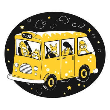 A bus with a whimsical design floats gracefully through a night sky filled with stars. The bus is adorned with intricate patterns and features large windows where the passengers can be seen. Inside, there are various passengers including a rabbit wearing spectacles, a fox with a scarf, and an owl holding a book. The stars twinkle brightly in the background, creating a sparkling ambiance around the floating bus. Some clouds drift past, adding to the enchanting atmosphere of the night sky.