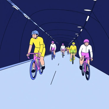 A group of cyclists racing through a long tunnel. The tunnel is dimly lit by sparse overhead lights creating shadows along the walls. Each cyclist is focused, with a determined expression, wearing bright cycling gear that contrasts with the darker surroundings. The wheels of the bicycles spin rapidly, creating dynamic motion. The tunnel has a smooth, concrete surface, and the sound of the wheels echoes, enhancing the sense of speed and urgency.