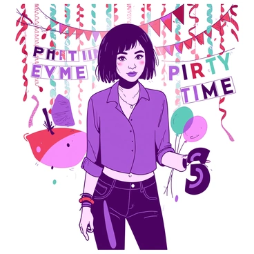 An emo person with dyed black hair styled in a layered cut is wearing a fitted purple shirt adorned with black accessories and skinny jeans. They have dark eyeliner and bold lip color, expressing their distinctive style. Surrounding them are colorful streamers in red and teal, hanging from the ceiling and creating a festive atmosphere. Balloons in various colors float around, and there are themed decorations such as banners with "Party Time" written in large, playful letters. The scene is lively, capturing the essence of a fun celebration.