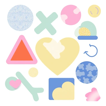 A composition of various abstract shapes with bold outlines is displayed across the image. Each shape features a unique texture, such as rough, smooth, or patterned surfaces. The shapes include circles, triangles, and squares, each filled with distinct colors and designs. The bold outlines create a strong contrast between the shapes and the background, emphasizing their individuality. Some shapes overlap slightly, creating visually interesting intersections. The overall arrangement is dynamic, guiding the viewer's eye through the different textures and forms present in the scene.