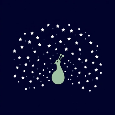A dark night sky filled with countless stars. The stars are arranged to create the shape of a giant peacock, with its tail feathers spreading out majestically. The center of the peacock's body is depicted with a cluster of bright stars, and the tail feathers are illustrated with varying sizes of twinkling stars, showcasing a natural gradient of brightness. The background is a deep navy blue, enhancing the visibility of the starry peacock shape.