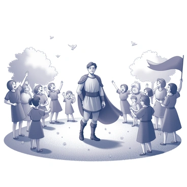 A hero stands in the center of a sunlit meadow, surrounded by joyful villagers. The grass is lush and there are wildflowers scattered throughout the landscape. The villagers, ranging in age from children to elders, are smiling and waving their arms in celebration. Some villagers are holding banners or small handmade gifts to present to the hero. The trees on the edges of the meadow provide shade, while a few birds can be seen flying overhead in the clear sky. The hero, dressed in a worn but commendable outfit, wears a proud expression, acknowledging the warm welcome.
