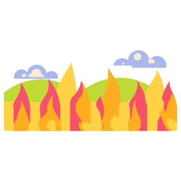 A whimsical fence made of flames, with each flame having a cartoonish, animated appearance. The flames are in shades of bright orange, yellow, and red, flickering and dancing, creating a vibrant glow. The fence is slightly curved, giving it a playful shape, with flames reaching upwards. In the background, there are rolling green hills and a bright blue sky with fluffy white clouds, enhancing the cheerful atmosphere of the scene.