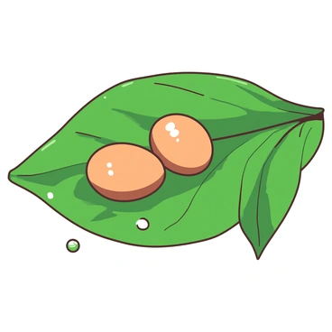 A close-up view of "Drosophila" eggs, which are small and oval-shaped, positioned closely together on a green leaf surface. The leaf is vibrant and textured, showcasing its veins and edges. The eggs are a glossy color, reflecting light, and are resting on the rich green background of the leaf. A few tiny droplets of water can be seen on the leaf nearby, adding to the freshness of the scene.