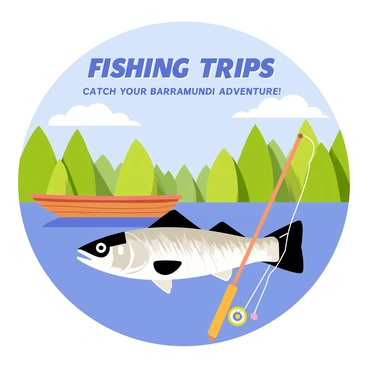 A vintage-style travel poster featuring a serene lake scene surrounded by lush green trees. In the foreground, a large barramundi is prominently displayed, showcasing its silver scales and distinctive shape. A fishing rod and reel are leaned against a wooden boat floating gently on the water. Above the scene, the text "Fishing Trips: Catch Your Barramundi Adventure!" is written in bold, retro lettering. The sky is a vibrant blue with fluffy white clouds, adding to the inviting atmosphere of the fishing excursion.