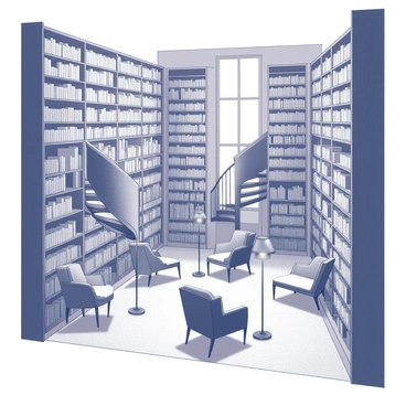 An expansive library filled with towering bookshelves that reach towards the ceiling. The shelves are densely packed with numerous books of various sizes. A few spiral staircases are visible, elegantly winding up to higher levels of the library. In the corners, there are cozy reading nooks with comfortable chairs, standing lamps, and small side tables, inviting visitors to sit and read. Soft light filters through large windows, creating a warm atmosphere throughout the space.