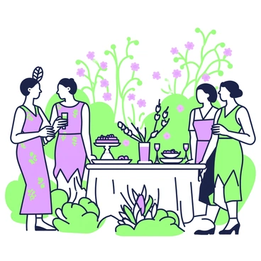 An outdoor garden party scene is set in a lush area with blooming flowers and greenery. Groups of women are mingling, each wearing elegant art deco dresses designed with geometric patterns. One woman with a feathered headpiece is holding a drink, while another is laughing and chatting. A table adorned with a variety of refreshments is nearby, featuring ornate platters and crystal glasses. Colorful floral arrangements are placed on the table and around the garden, enhancing the festive atmosphere. A gentle breeze rustles the leaves, creating a lively yet graceful environment.