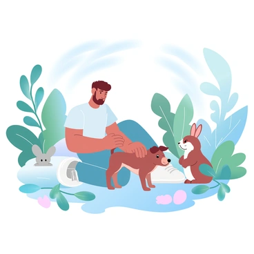 A kind-hearted volunteer is kneeling next to a small dog in a cozy animal sanctuary surrounded by lush greenery. The volunteer is wearing a casual t-shirt and has a gentle expression while petting the dog. Nearby, there are several rescued animals, including a fluffy cat lounging on a soft bed and a rabbit nibbling on some fresh vegetables. The sanctuary is filled with various plants, creating a vibrant and warm atmosphere. Sunlight filters through the leaves, casting soft shadows on the ground.