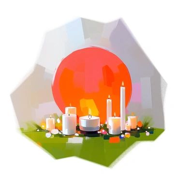 A large red circle is drawn on the green grass, creating a striking contrast. Surrounding the circle are several candles, each delicately placed at equal distances apart. The candles are tall and slender with a smooth finish, their flames flickering gently in the breeze. The setting is peaceful, with the vibrant green grass accentuating the bold red of the circle and the warm glow of the candlelight.