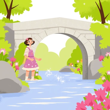 A young girl named "Hermine" with short brown hair is standing at the beginning of a "mystical bridge" made of shimmering stones. The bridge arches over a "sparkling river" that reflects the colors of the sky. Lush greenery surrounds the area, with vibrant flowers blooming along the riverbank. In the distance, there are "magical creatures" peeking out from behind the trees, and a "soft glow" emanates from beneath the bridge, hinting at the enchantment that lies ahead. Hermine looks excited and determined as she prepares to take her first step onto the bridge.