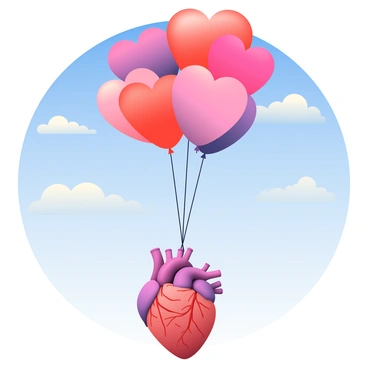 A cluster of colorful heart-shaped balloons in shades of red, pink, and purple is floating upward in the sky. Each balloon is tied with a thin string, and they are tightly grouped together at the top. Below them, a realistic 3D human heart with intricate details such as veins and arteries is suspended, being lifted gently by the balloons. The background features a bright blue sky with a few fluffy white clouds scattered throughout, creating a sense of depth and openness.