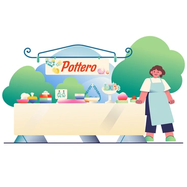 A vibrant outdoor craft fair booth is set up on a sunny day. The booth is adorned with colorful banners that read "Handmade Jewelry" and "Pottery". There are several tables covered with soft, beige linens. On one table, an array of handmade jewelry pieces, including necklaces, bracelets, and earrings, is displayed neatly on white stands. The jewelry features various materials, including turquoise beads and silver pendants. On another table, unique pottery items are arranged, showcasing different shapes and glazes, with some pieces featuring intricate patterns. There is a friendly vendor with short brown hair, wearing a light blue apron, interacting with interested customers. The background features lush green trees and a clear blue sky, adding to the lively atmosphere of the fair.