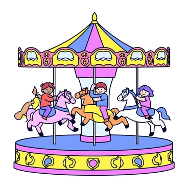 A vintage carousel with a circular base featuring intricate wooden carvings. The carousel is adorned with colorful lights and decorative patterns. Several ornate horses, painted in vibrant colors, are mounted on poles, each with detailed manes and tails. A few children are riding the horses, visibly delighted, with smiles on their faces. The scene captures the joyous atmosphere of the carousel, with the children holding onto the horse's reins as they go up and down.