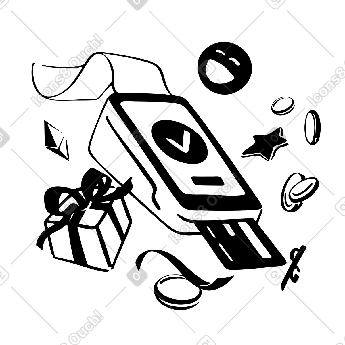POS terminal with payment approved screen, retail checkout and transaction success illustration in PNG, SVG